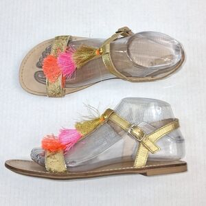 Boden Gold Multicolor Tassel T-strap Sandals